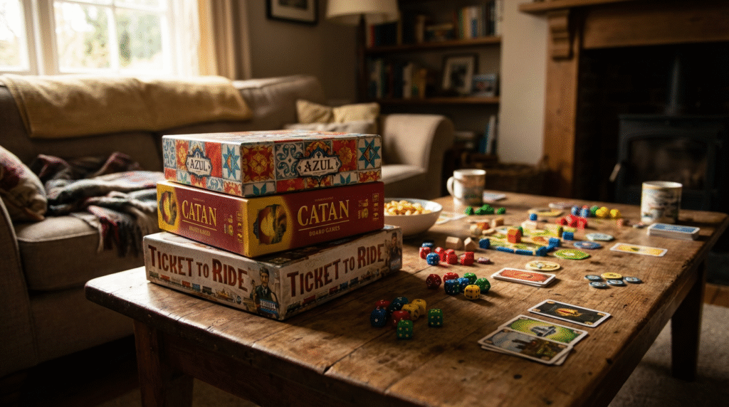 A stack of the best entry level board game boxes for beginners on a table