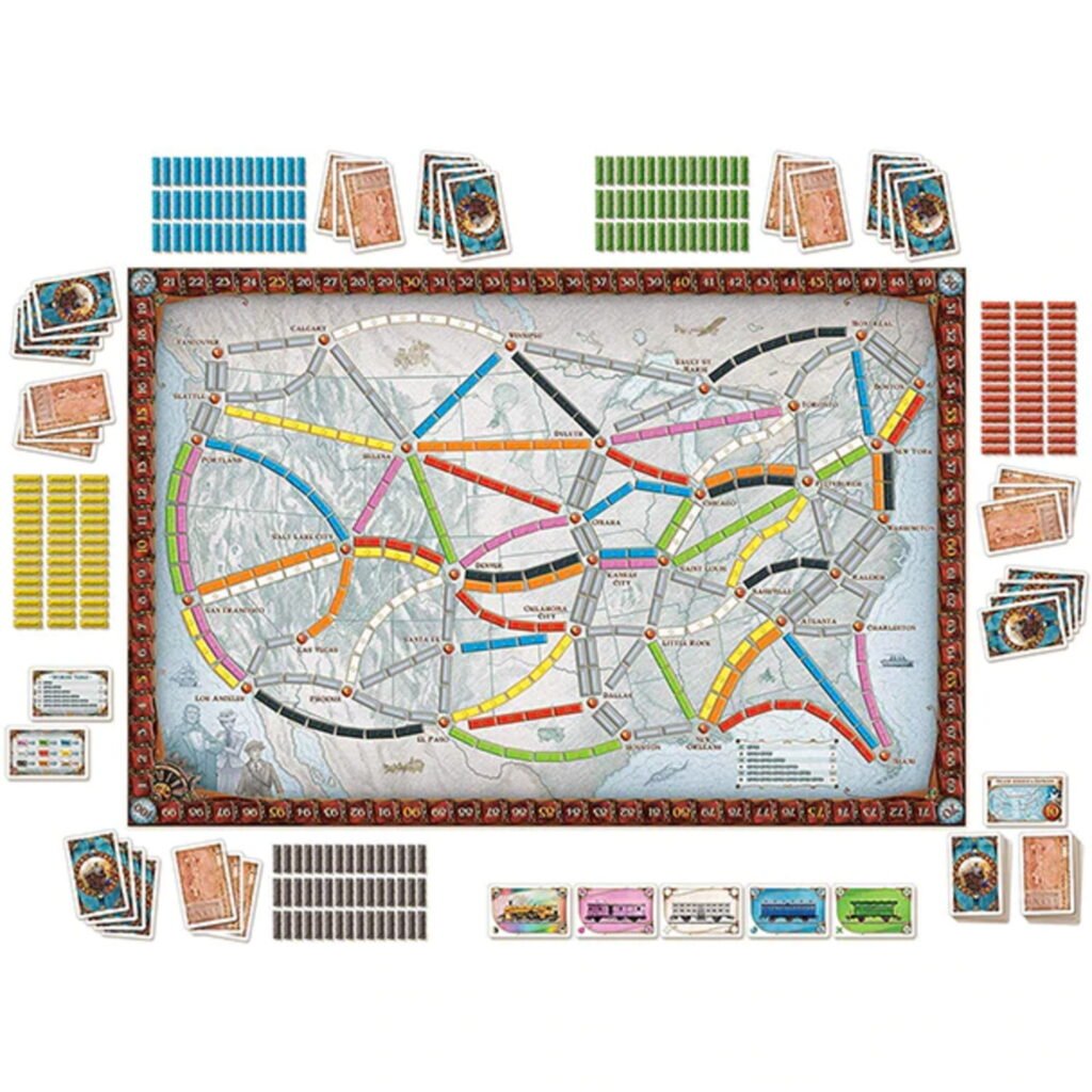 A view of all components of ticket to ride board game