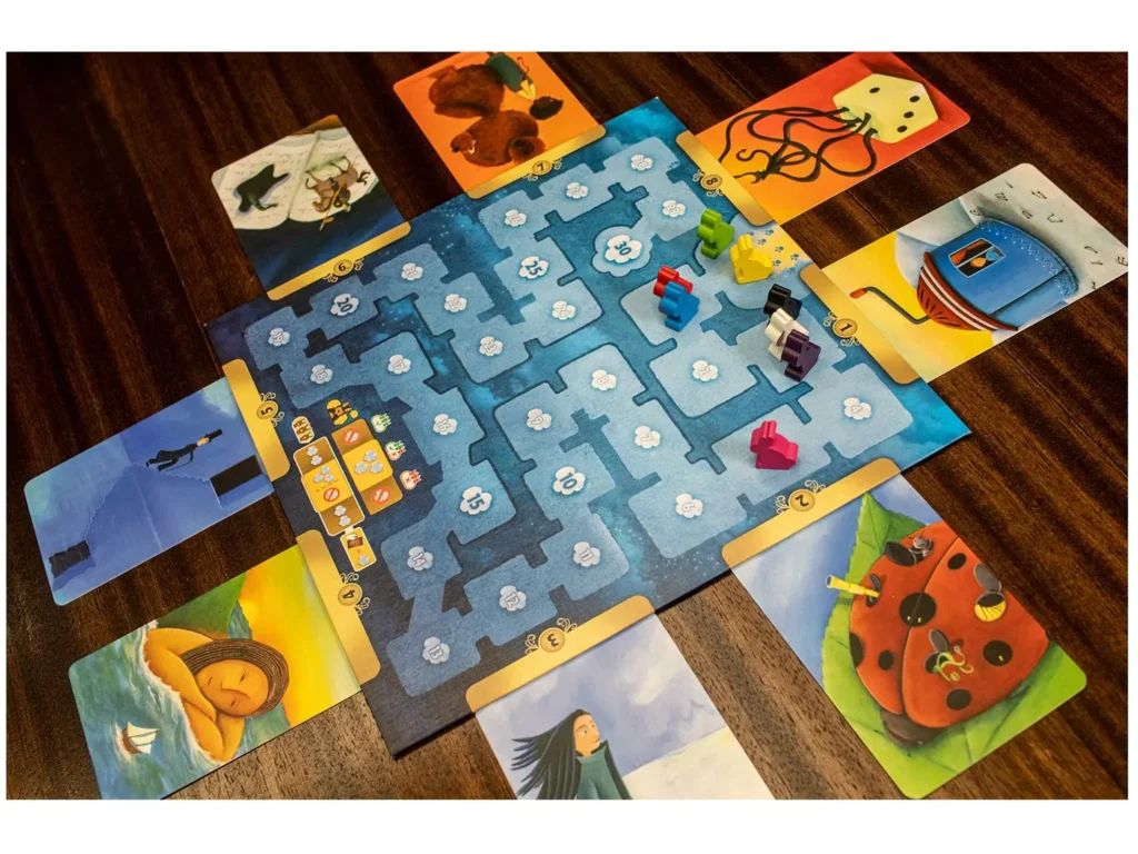 Colorful surrealist cards spread out during a round of the Dixit board game