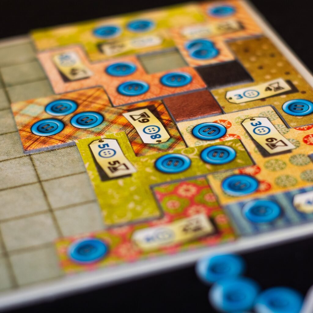 A closeup photo of the patchwork board game

