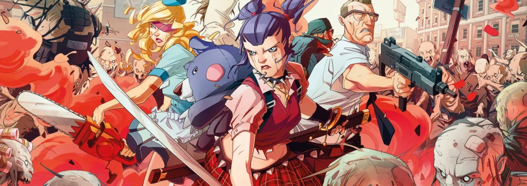 Board game cover art showin 3 suvivors with weapons.