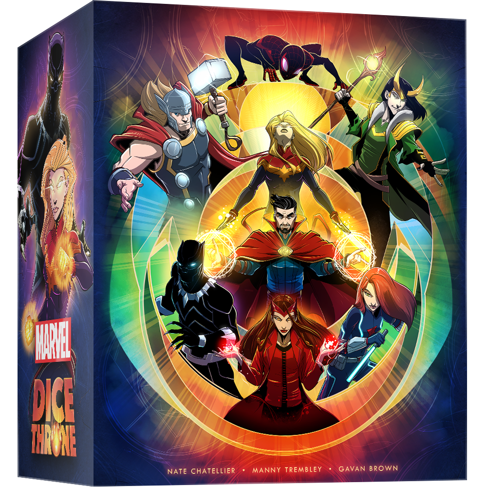 Marvel Dice Throne box art with Thor, Captain Marvel, Loki, Doctor Strange, Black Panther and Scarlet Witch