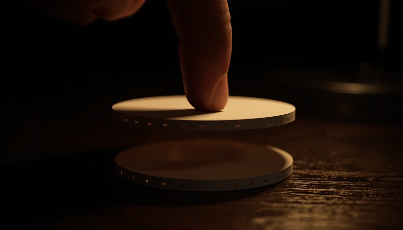 Close view of two circular paper discs stacked and rotated against each other on a dark surface