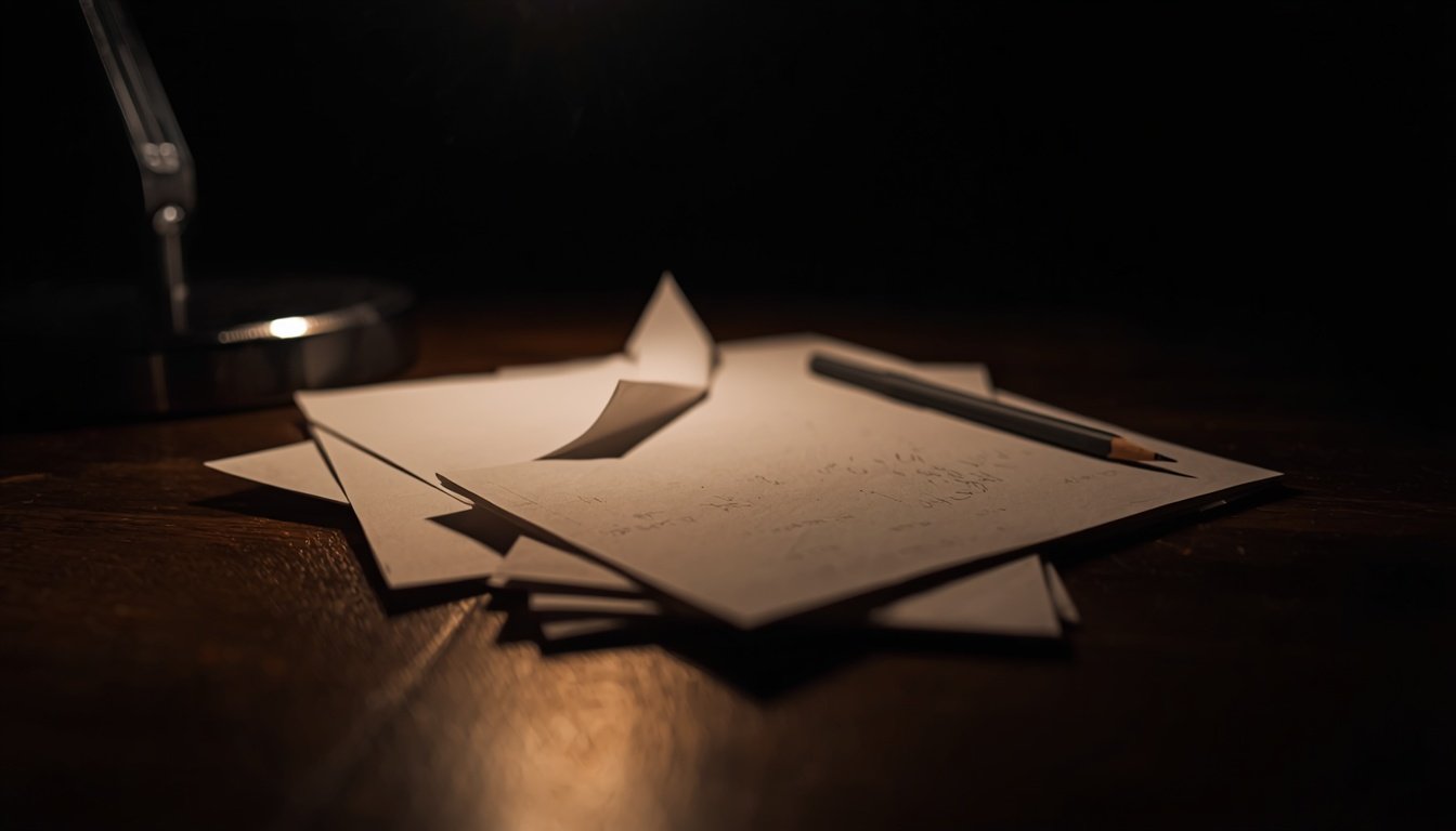 Folded and creased blank paper pieces on a dark wooden table beside a pencil