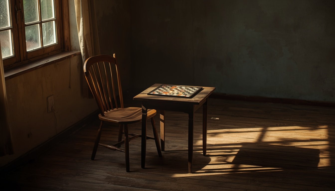 Hexagonal tiles and wooden animal tokens arranged on a table beside a cooling cup of tea