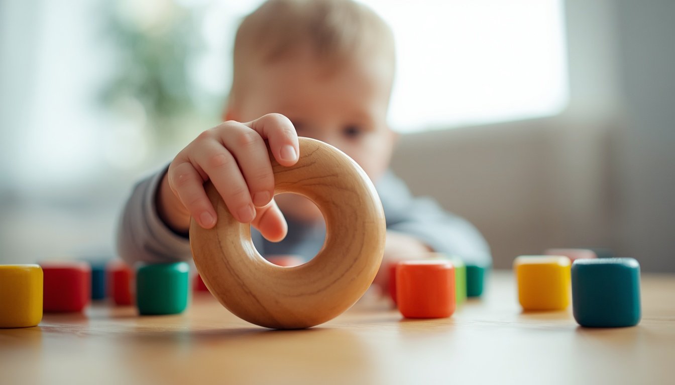 Close up of a small child hand holding a large round wooden game piece sized for a toddler grip