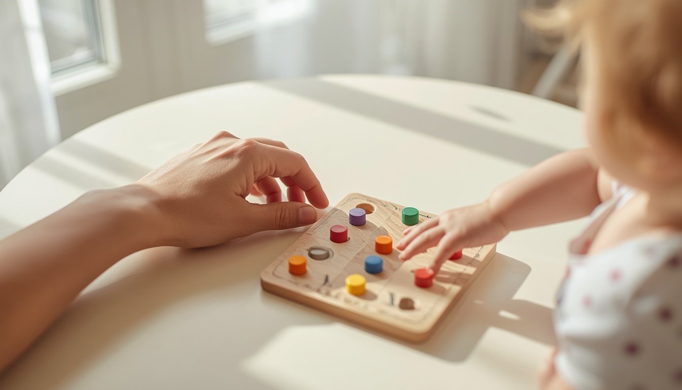 An adult hand resting beside a small child hand placing a coloured wooden piece on a simple wooden board