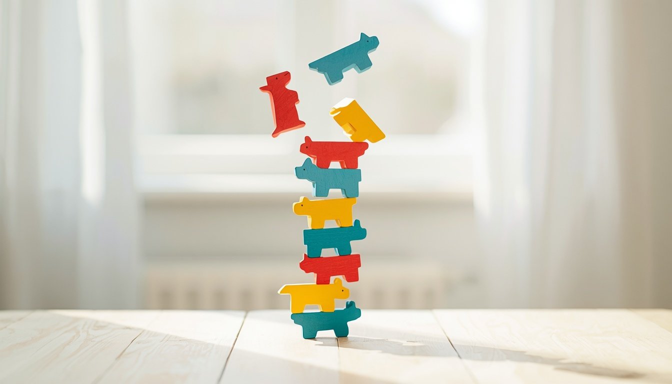 A stack of wooden animal pieces caught mid collapse above a light wooden table