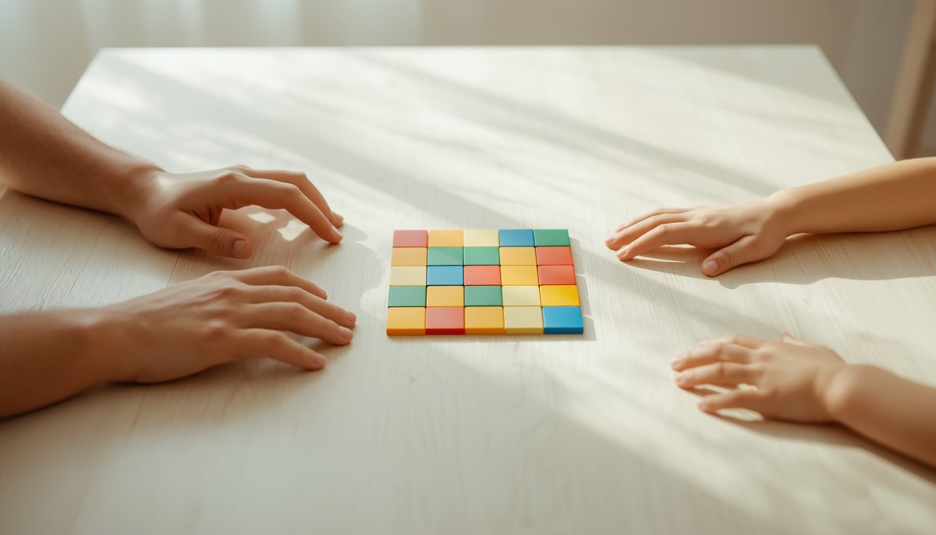 An adult hand and two small hands around a simple colourful board game on a light table
