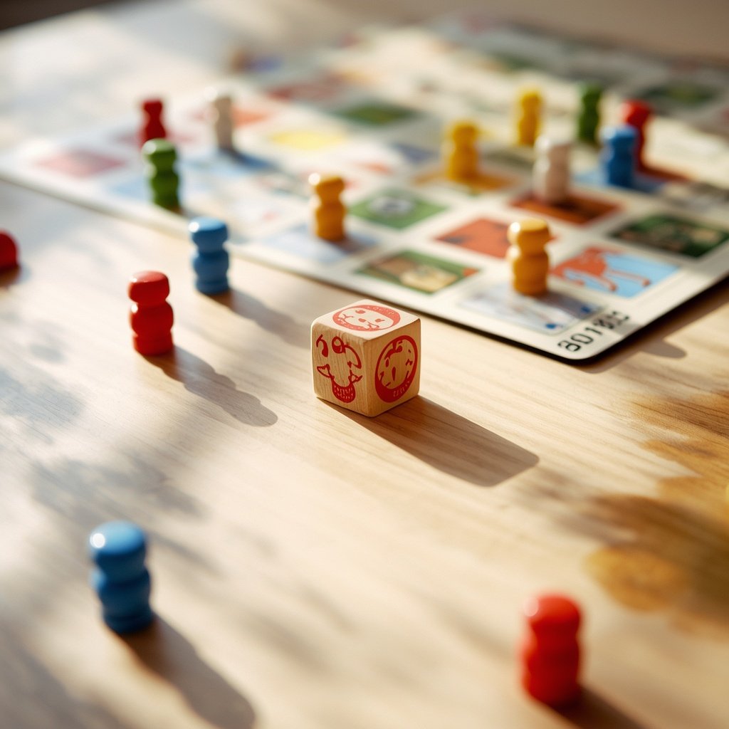 Children's board game mid-play with chunky wooden pieces and a large wooden die