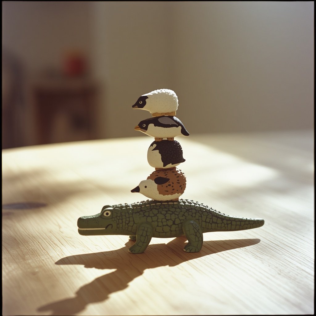Wooden animal shapes stacked in a tower during a children's dexterity game