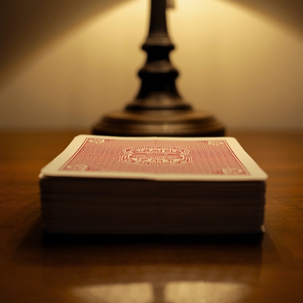 A neat stack of playing cards face down on a wooden table under warm lamp light