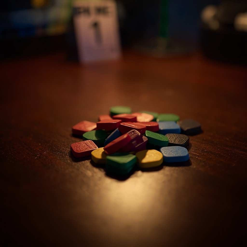 Colourful wooden game tokens piled on a dark wooden table under warm lamp light