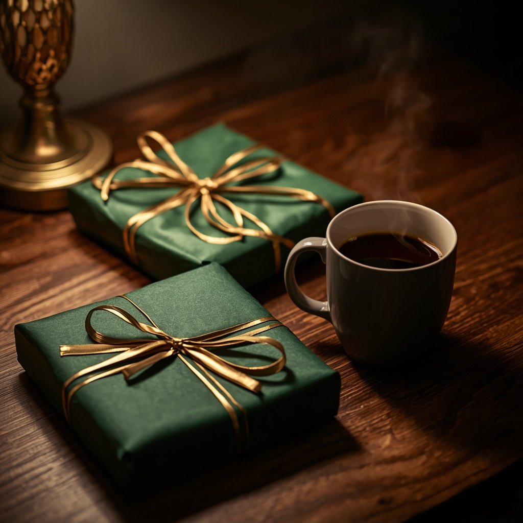 Board game boxes wrapped as Christmas gifts beside a cup of coffee