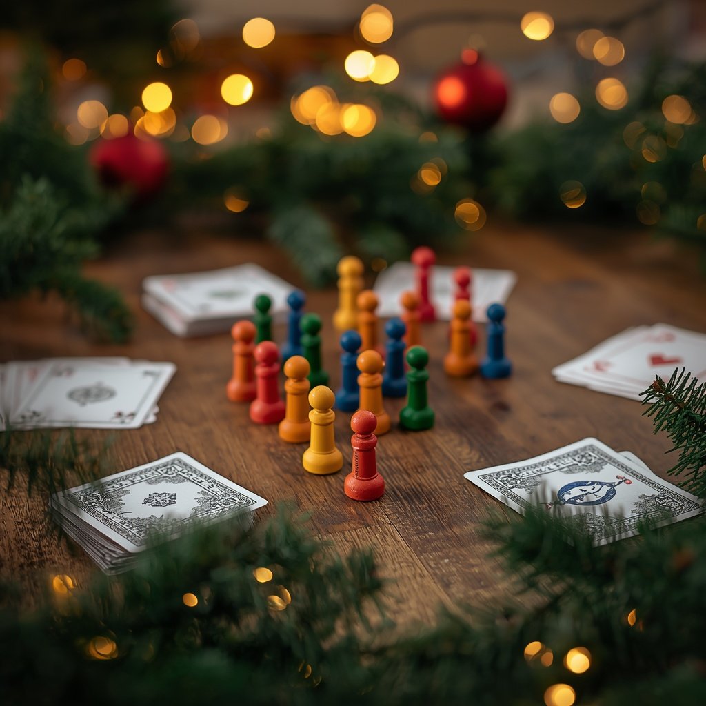 A board game set up on a table with Christmas decorations around it
