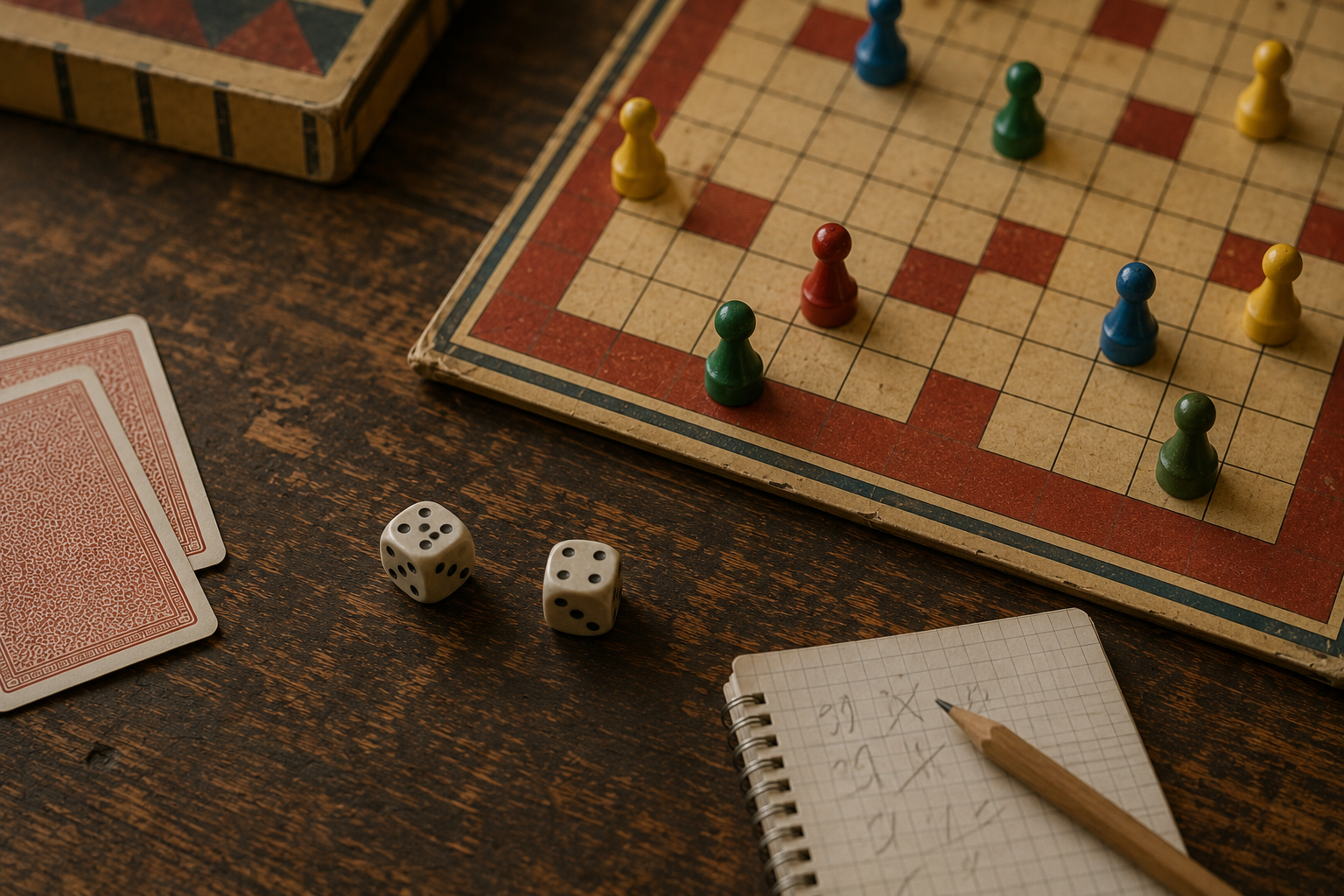 Overhead view of a board game in progress with wooden pawns, dice and a handwritten notepad