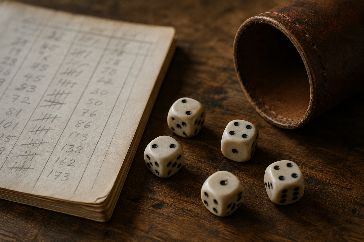 Five white dice beside a handwritten scorepad and a leather dice cup on a wooden table