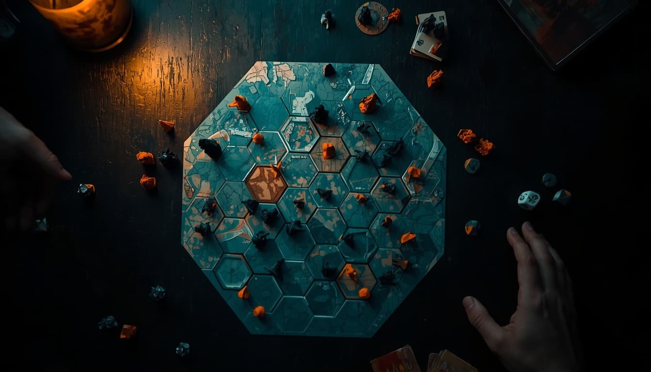 Several pairs of hands reaching towards a cooperative board game on a dark table, with mugs and snacks around the edges