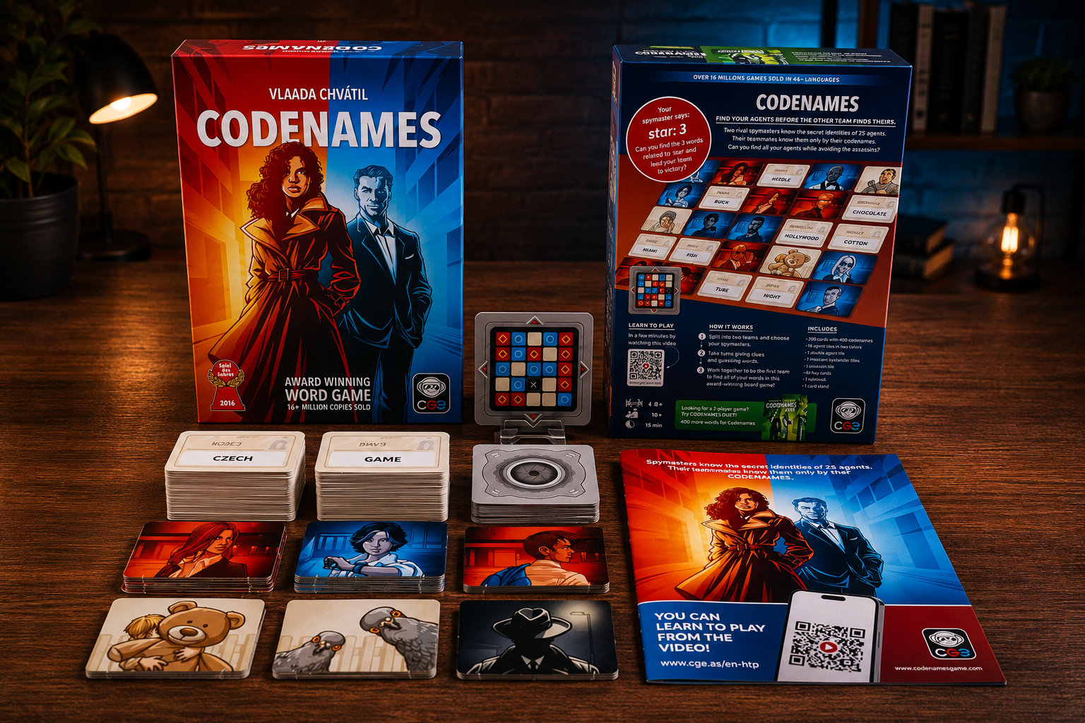 Codenames word cards laid out in a grid with a key card showing team colors