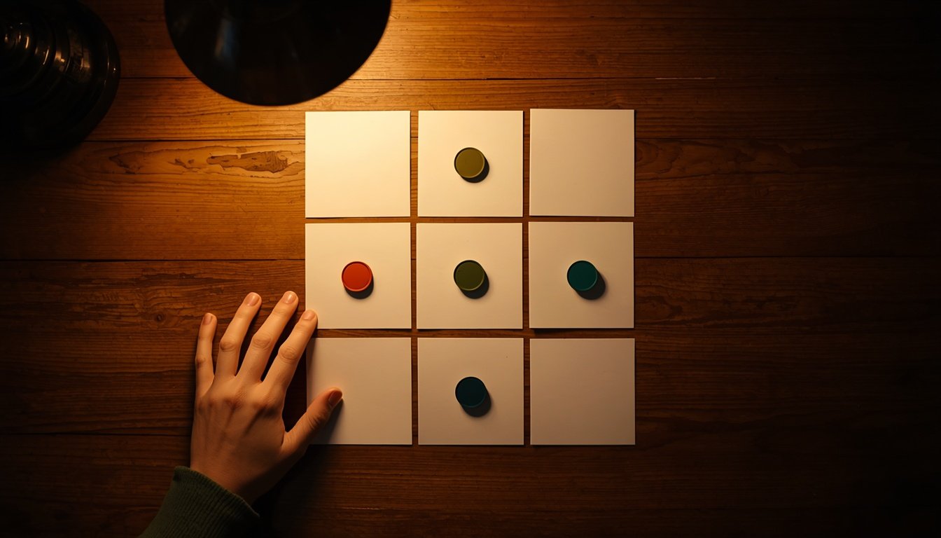 Overhead view of a grid of blank cards on a wooden table with a few coloured tokens covering some of them