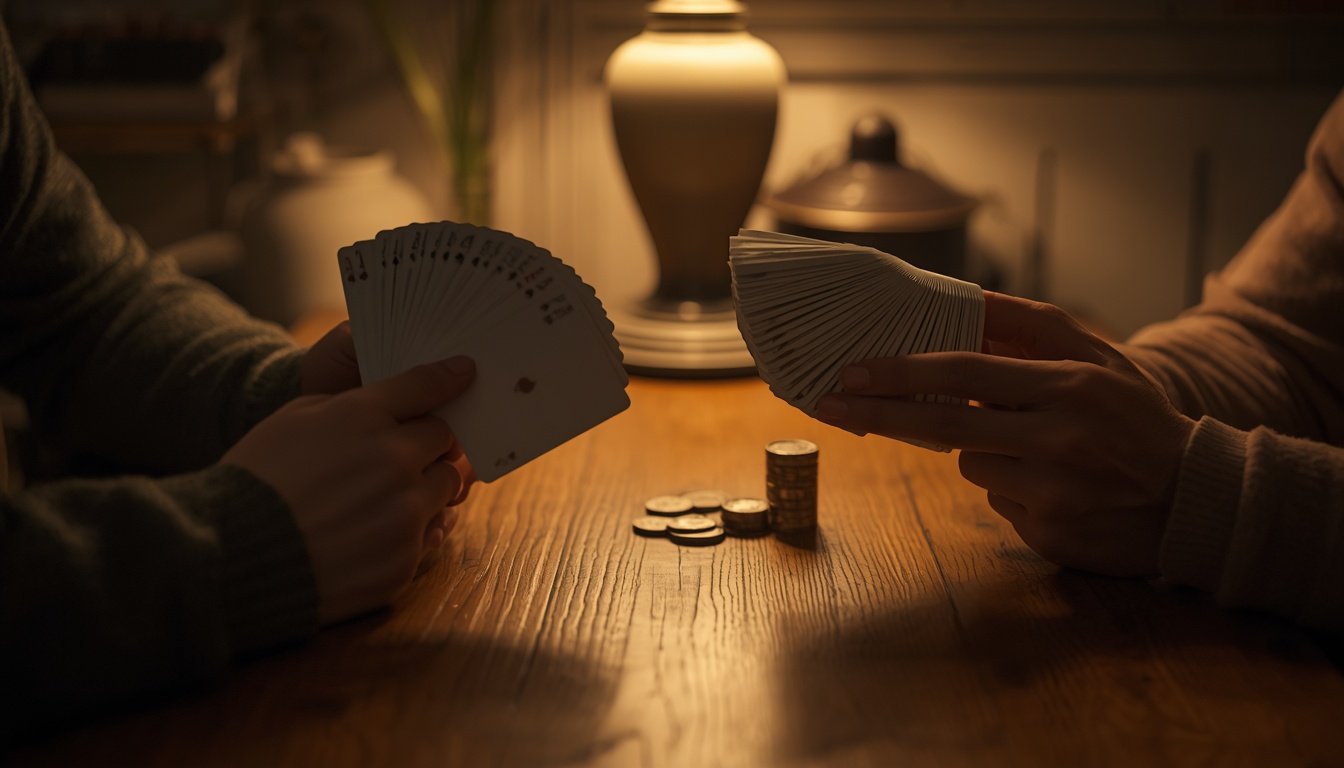 Two people each holding a fan of cards close to their chest on opposite sides of a small table, hands angled so neither can see the other