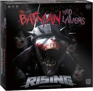 The Batman Who Laughs Rising cooperative board game box and components