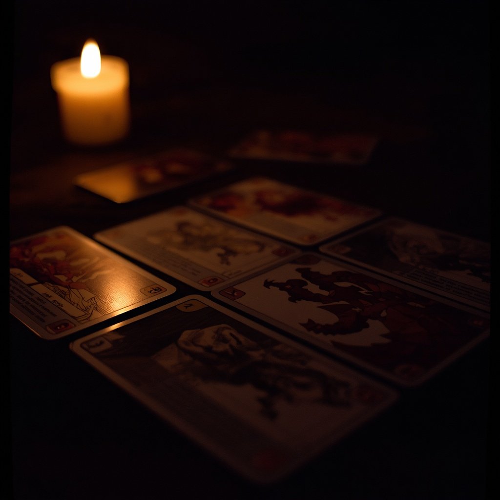 Board game components lit by candlelight during a Halloween game night