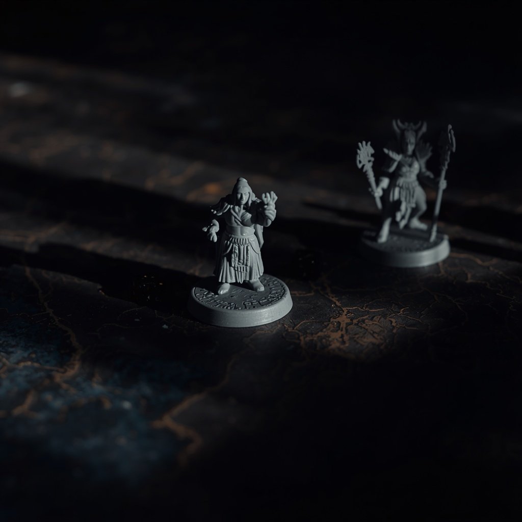 Miniatures and dice on a dark game board during a horror board game session