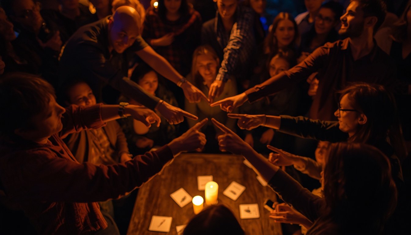 A sand timer half run through standing among face down cards on a dark table by candlelight