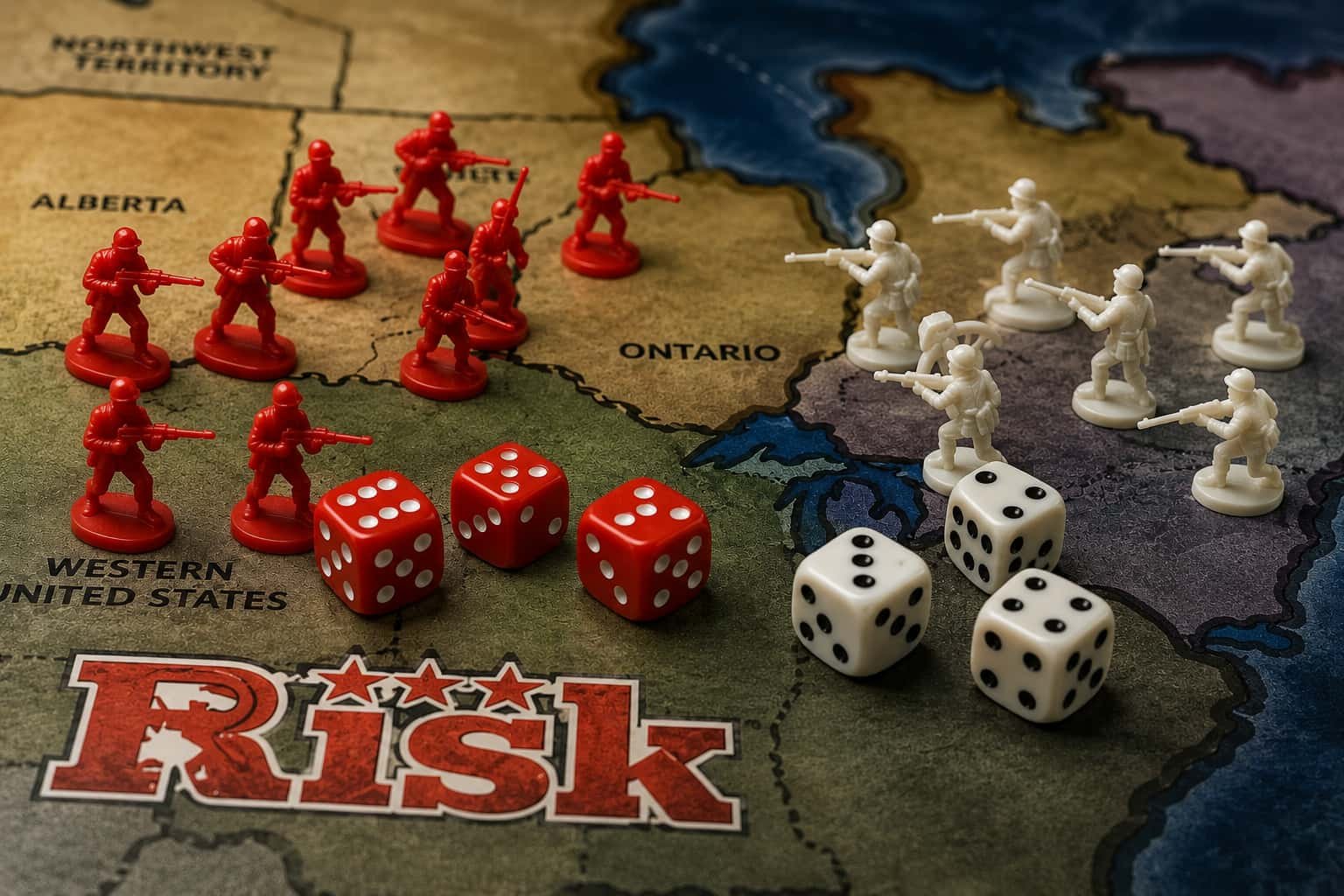 Red and white dice rolled during a Risk battle