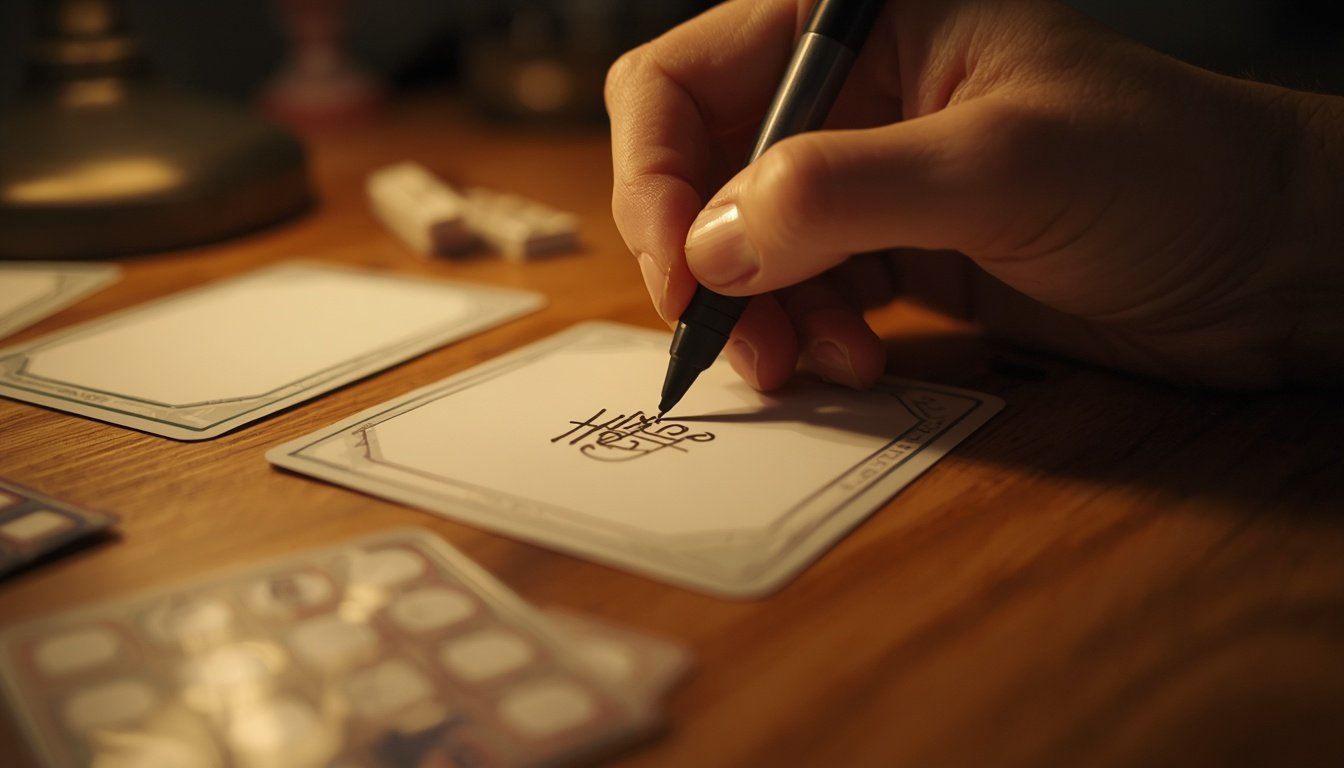 A hand writing on a board game component with a pen under warm lamp light