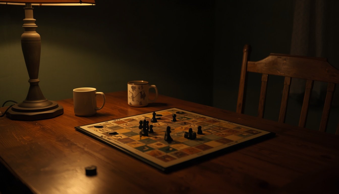 Two mugs beside a half set up board game paused mid campaign on a wooden table at night