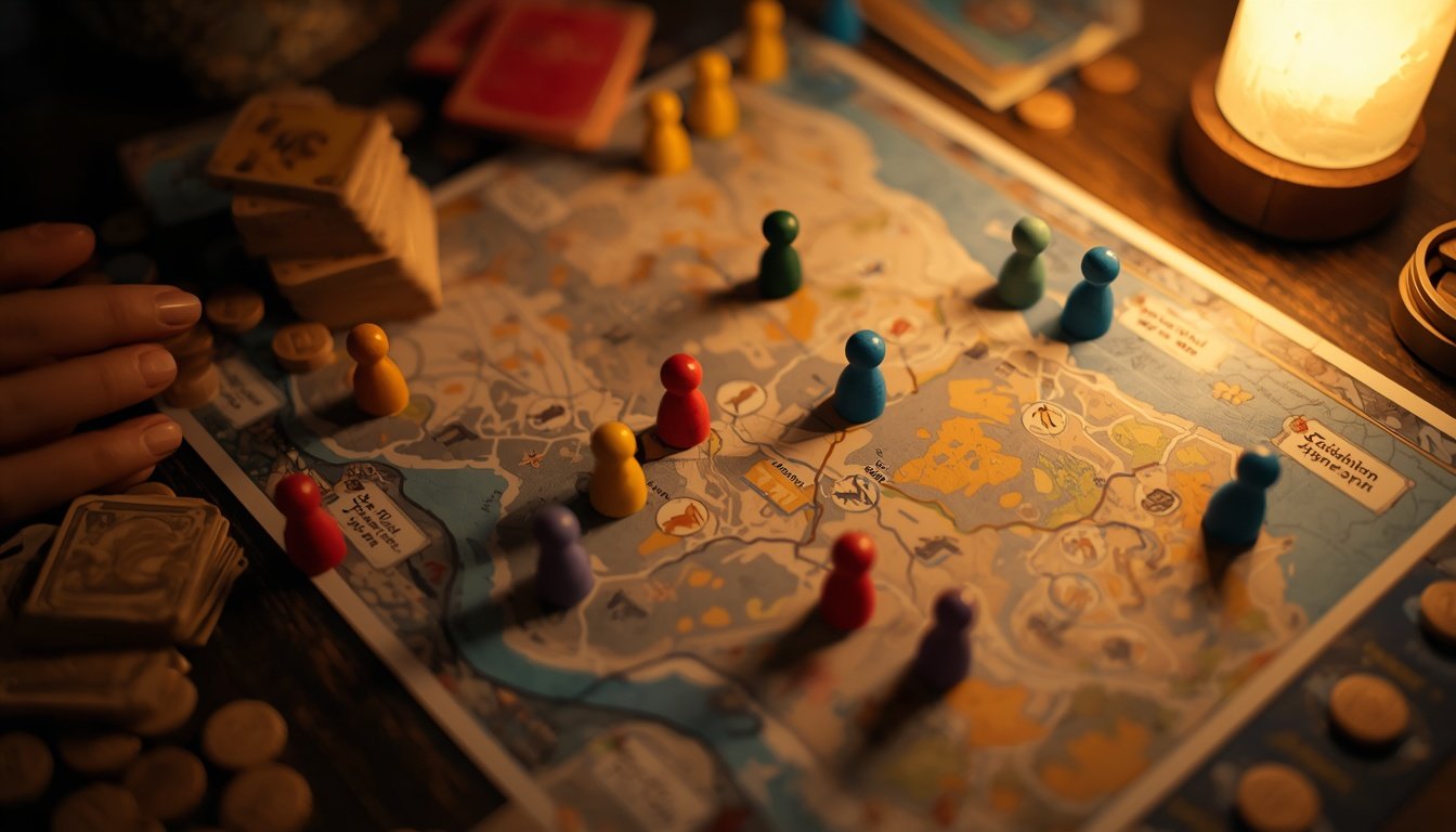 Cooperative board game in progress with cards, wooden tokens and a shared board on a table
