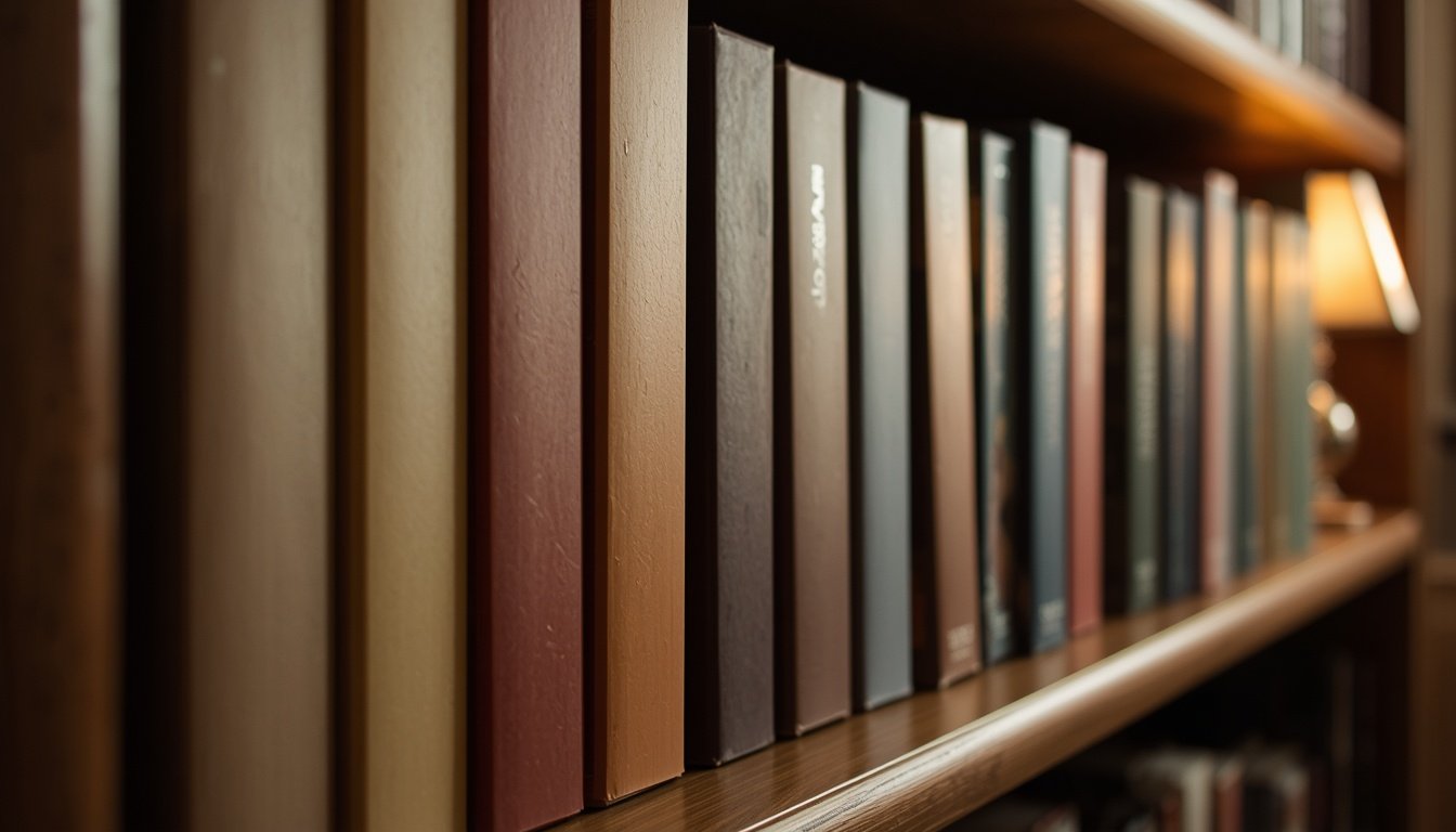 Row of unmarked board game boxes stacked on a wooden shelf in warm lamplight
