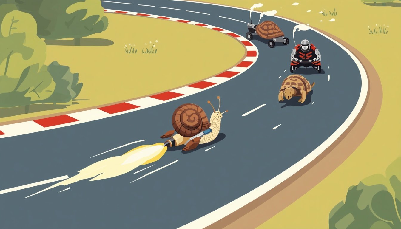 Illustration of a snail with a rocket strapped to its shell blasting past a plodding knight on a winding race track