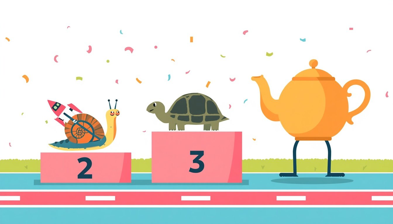 Illustration of a snail, a tortoise and a giant teapot standing on a winners podium at the end of a race track
