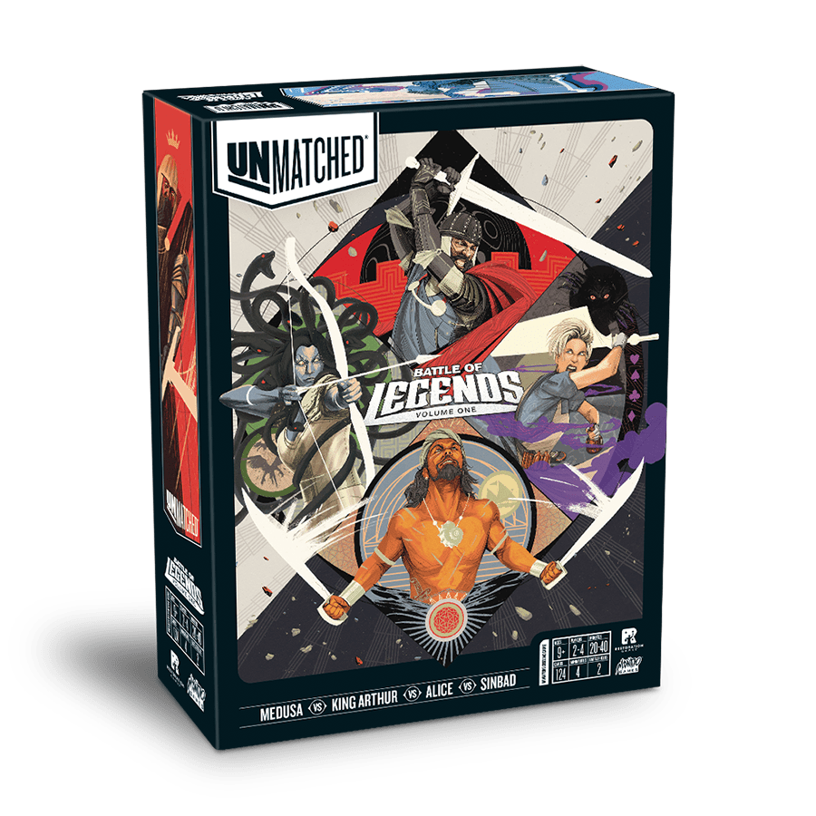 Unmatched Battle of Legends Volume One box art featuring Medusa, King Arthur, Alice, and Sinbad