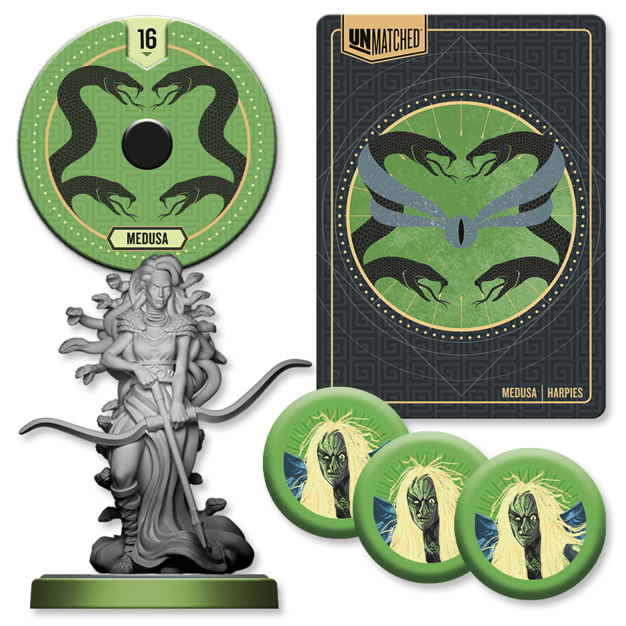 Medusa fighter from Unmatched Battle of Legends Volume One with her miniature, harpy sidekicks, and action cards