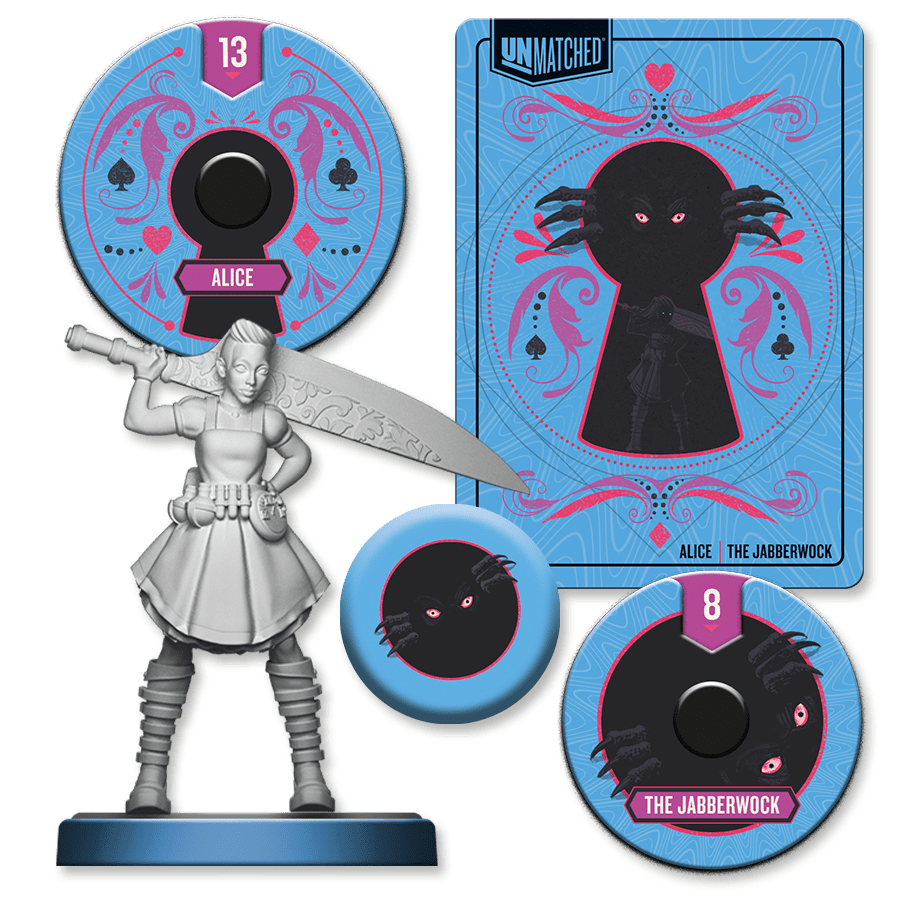 Alice fighter from Unmatched Battle of Legends Volume One with her Jabberwock sidekick miniature and action cards