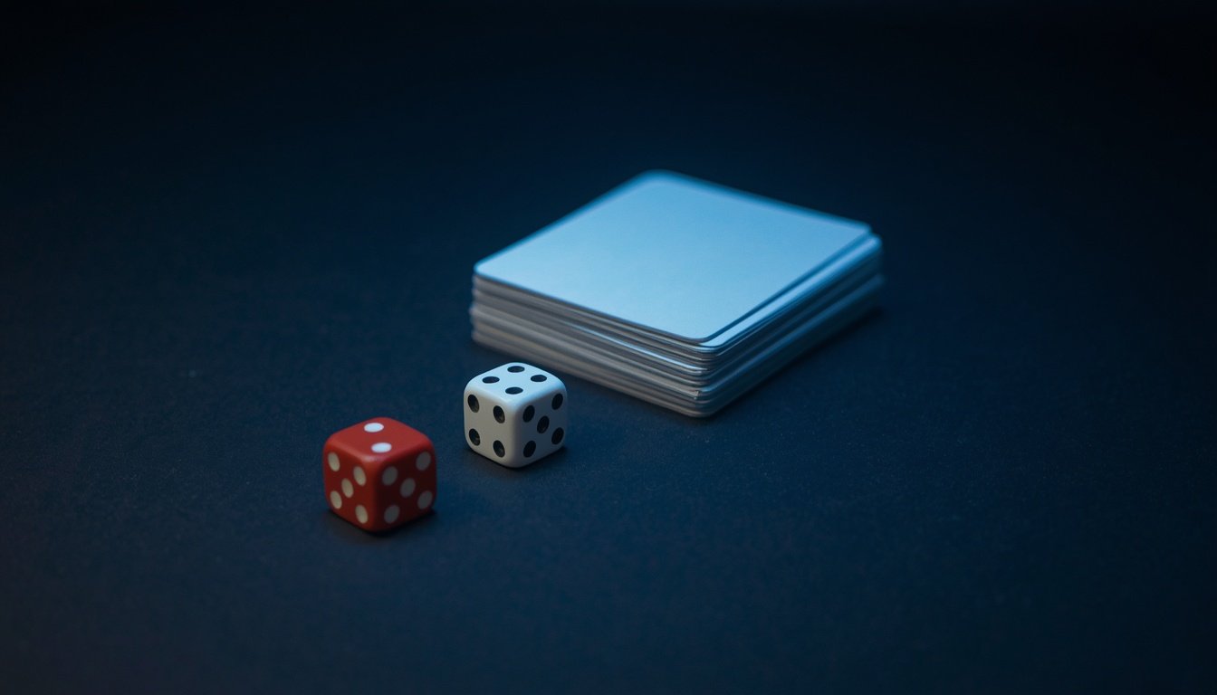 Custom dice, cards and a hero board laid out on a dark table under a single cool light