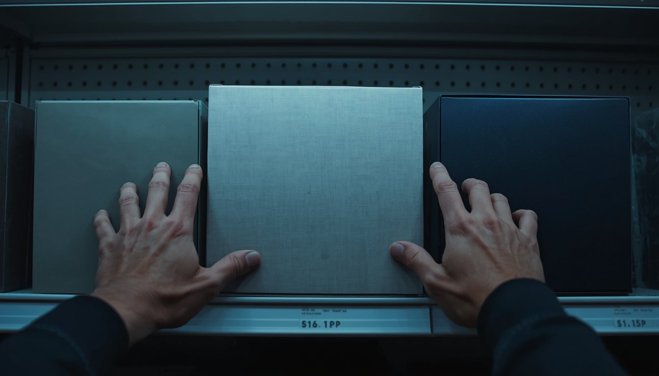 Two hands reaching for the same board game box on a retail shelf under cool overhead light