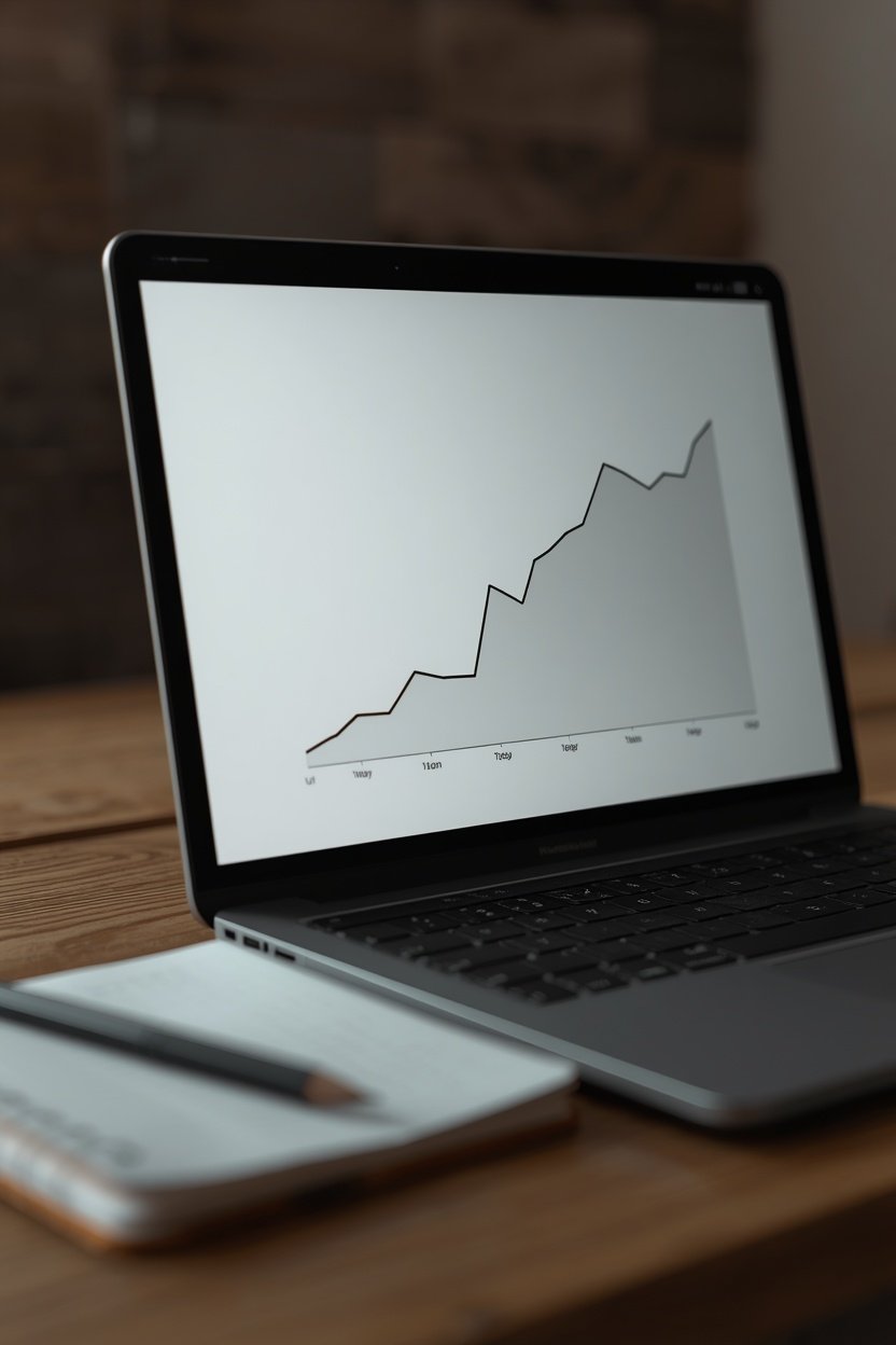 A laptop on a wooden table showing a jagged line chart, with a pencil and notebook beside it