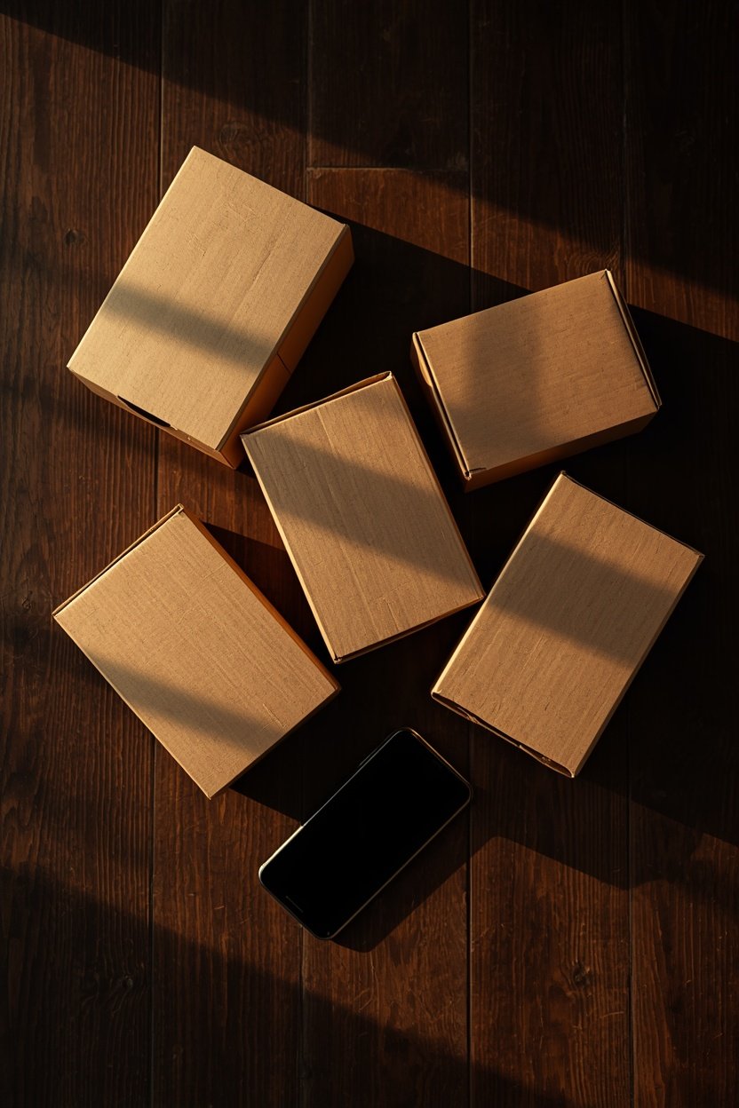 Several closed board game boxes stacked at angles on a dark table beside a phone