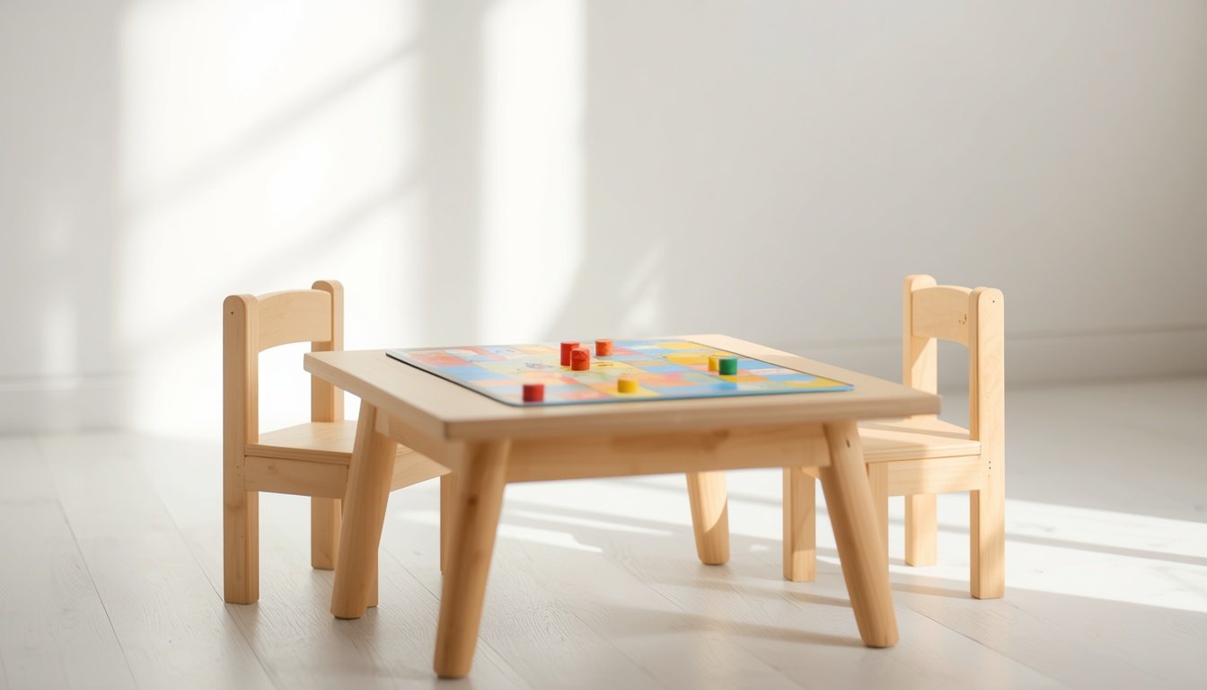 A low table in a bright playroom with a colorful children's board game set out and two small chairs