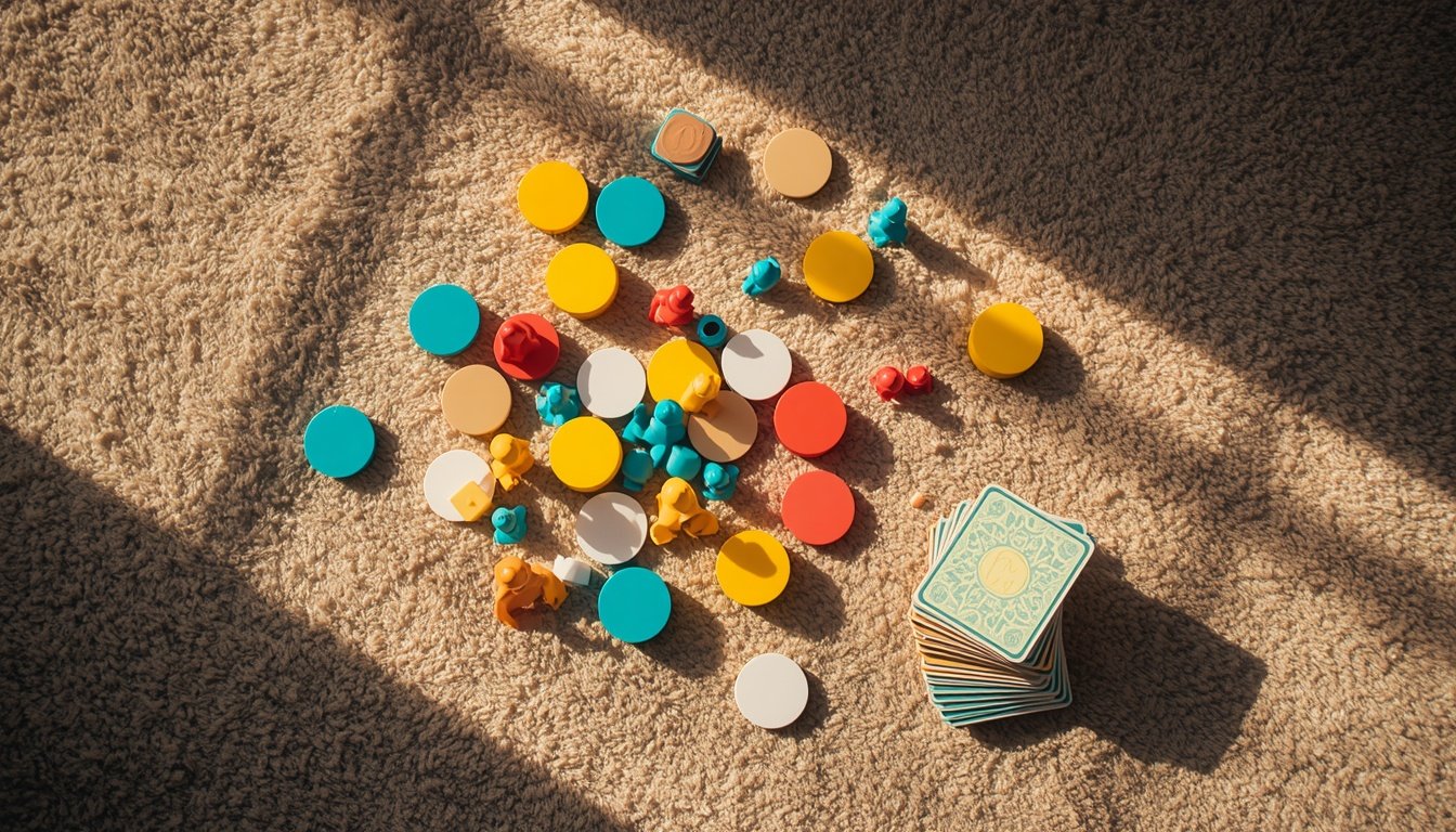 Colorful cardboard tokens and small figures scattered on a rug in daylight