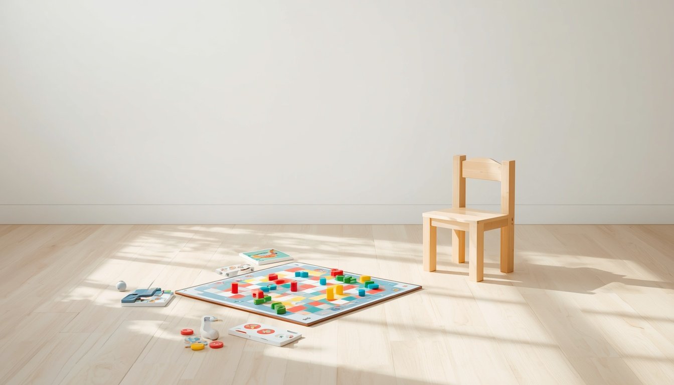 A children's game board laid out on a wooden floor with nobody sitting at it yet