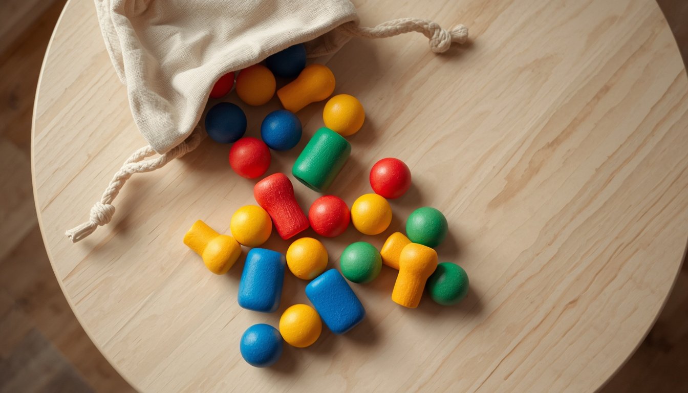 Chunky wooden game pieces and a small cloth bag on a low table in a playroom