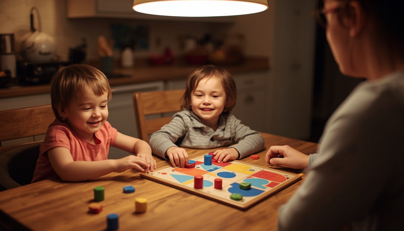 Two children and an adult playing a colourful board game together at a kitchen table
