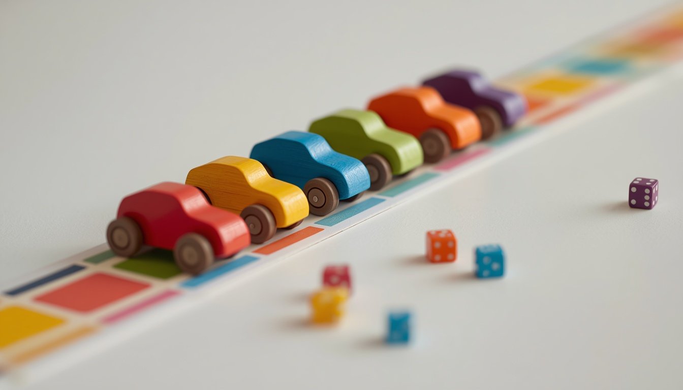 Small wooden cars lined up on a colourful printed race track beside coloured dice