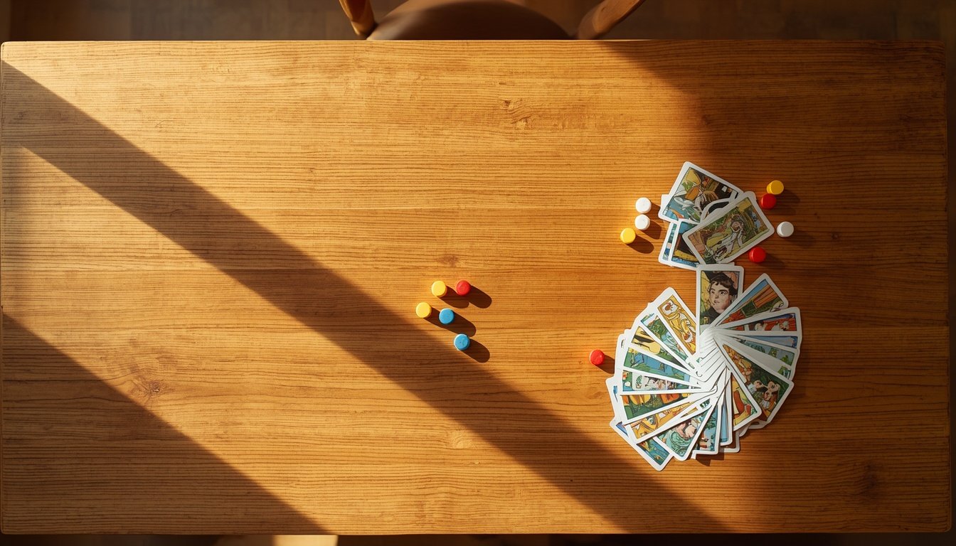 Colourful wooden game pieces and cards spread across a kitchen table in daylight